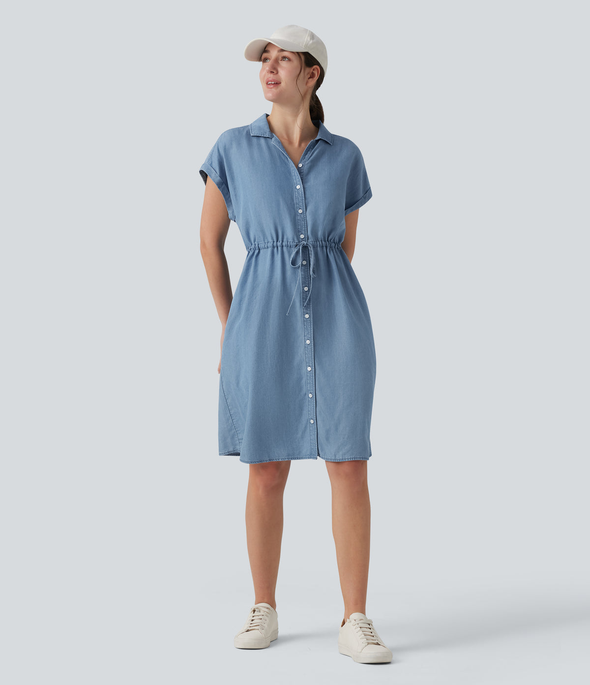 Collared Drawstring Button Fly Draped Casual Denim Shirt Dress with Pockets — Blue Jasper Denim — view 5