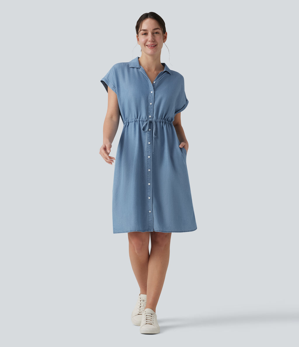 Collared Drawstring Button Fly Draped Casual Denim Shirt Dress with Pockets — Blue Jasper Denim — view 1