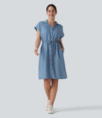 Collared Drawstring Button Fly Draped Casual Denim Shirt Dress with Pockets — Blue Jasper Denim — view 1