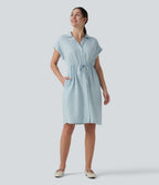 Collared Drawstring Button Fly Draped Casual Denim Shirt Dress with Pockets — Baltic Sea Blue Denim — view 6