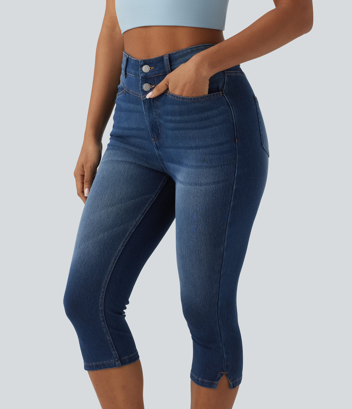 High Waisted Split Capri Casual Slim Jeans with Pockets — Estate Blue Denim — view 4