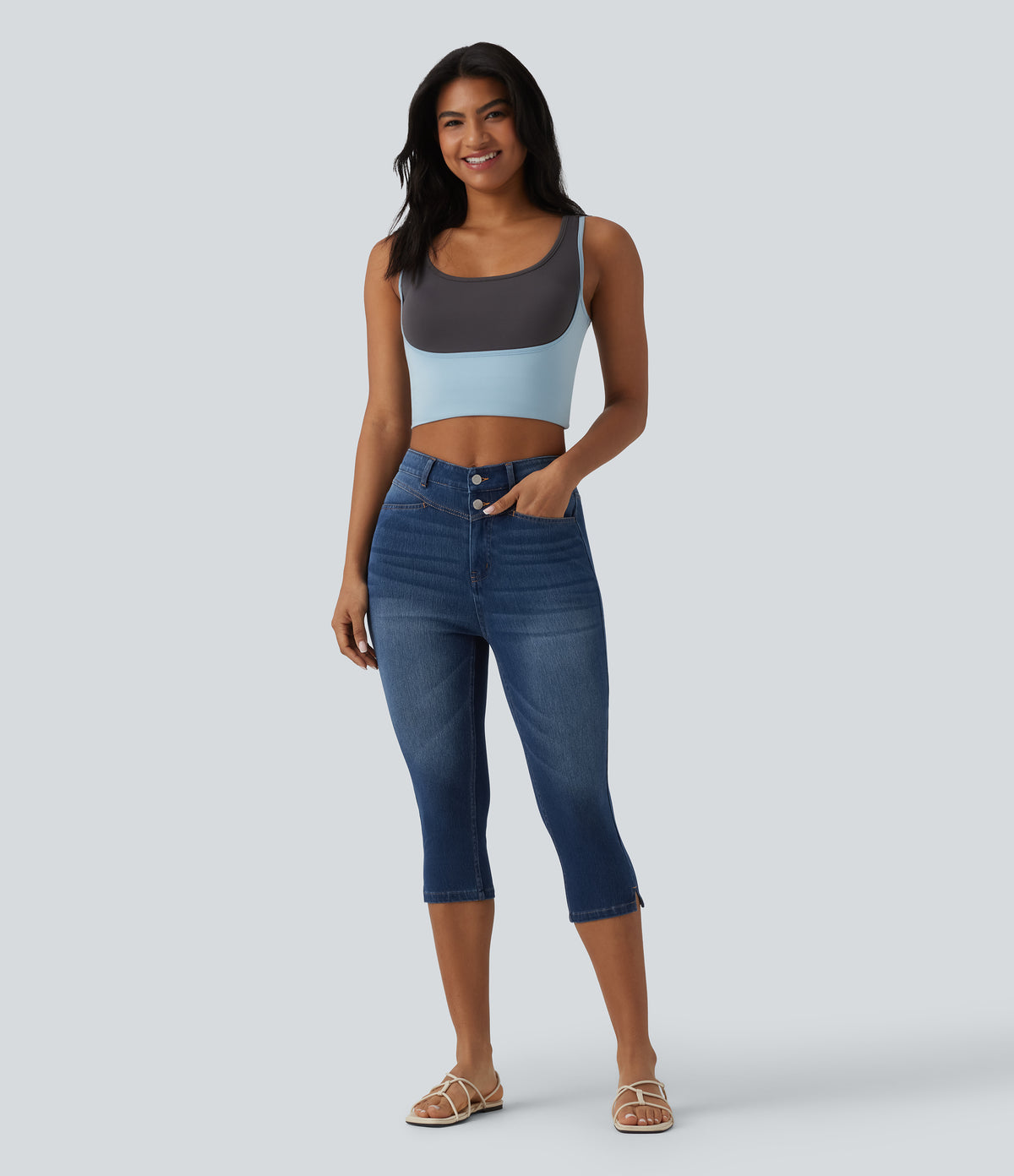 High Waisted Split Capri Casual Slim Jeans with Pockets — Estate Blue Denim — view 6