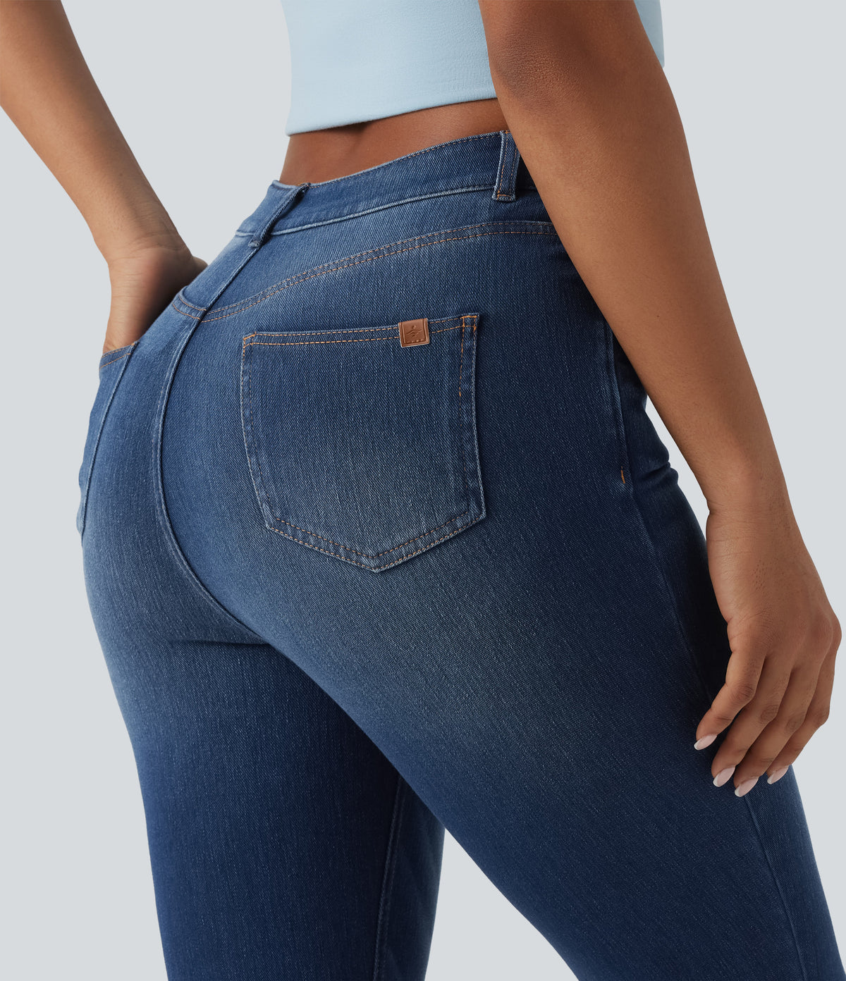 High Waisted Split Capri Casual Slim Jeans with Pockets — Estate Blue Denim — view 5