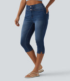 High Waisted Split Capri Casual Slim Jeans with Pockets — Estate Blue Denim — view 1