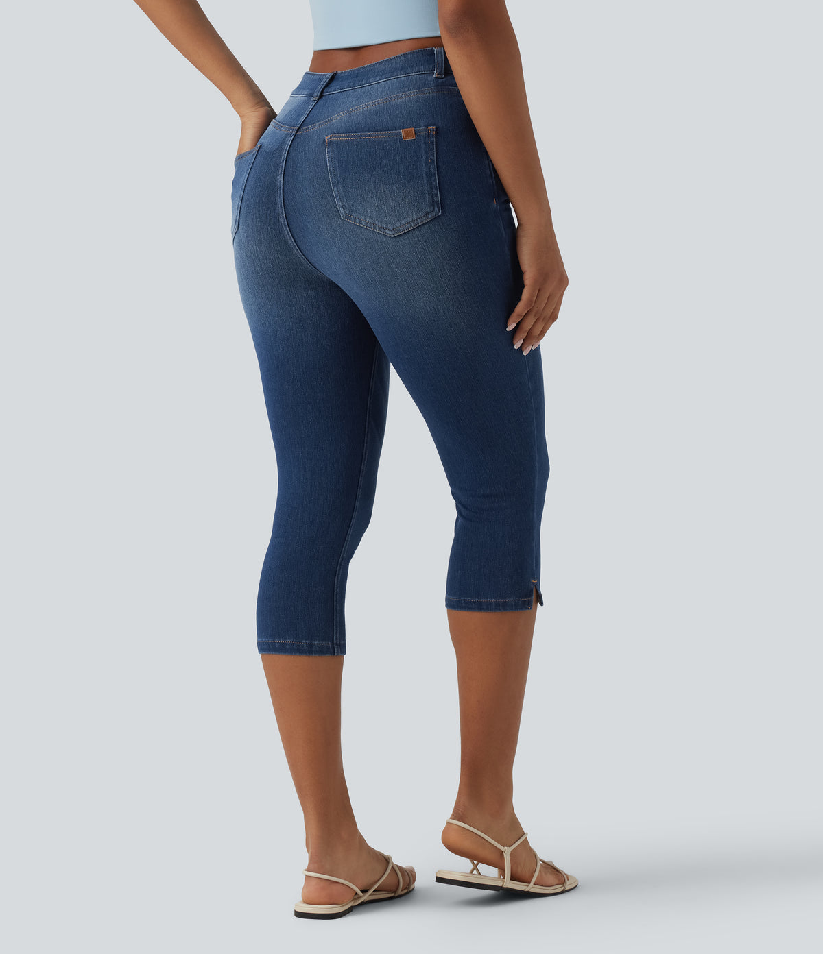 High Waisted Split Capri Casual Slim Jeans with Pockets — Estate Blue Denim — view 2