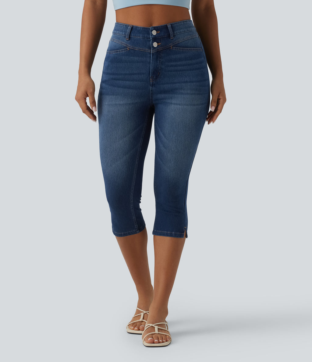 High Waisted Split Capri Casual Slim Jeans with Pockets — Estate Blue Denim — view 3