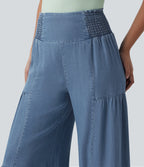 High Waisted Shirred Tie-back Draped Casual Lyocell Baggy Wide Leg Jeans — Tide Blue Denim — view 4