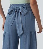 High Waisted Shirred Tie-back Draped Casual Lyocell Baggy Wide Leg Jeans — Tide Blue Denim — view 5