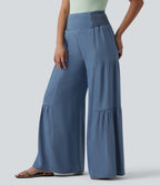 High Waisted Shirred Tie-back Draped Casual Lyocell Baggy Wide Leg Jeans — Tide Blue Denim — view 3