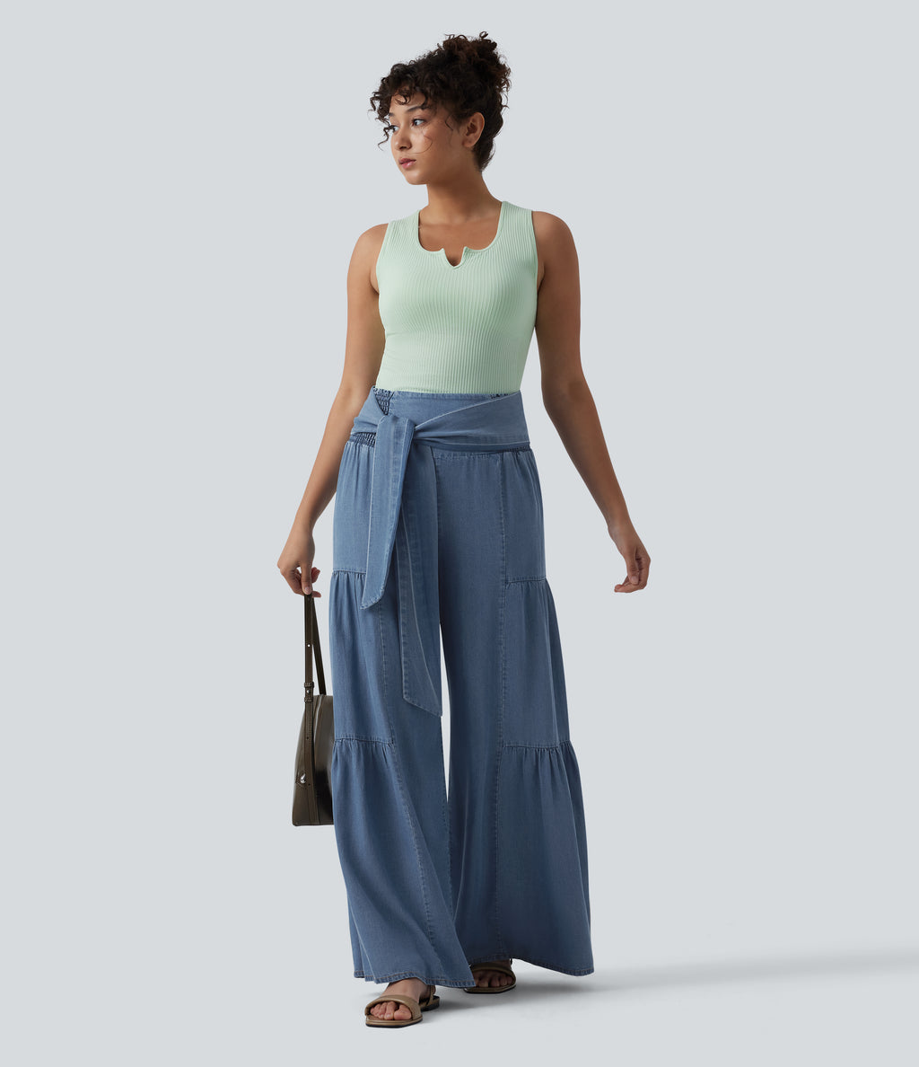 High Waisted Shirred Tie-back Draped Casual Lyocell Baggy Wide Leg Jeans — Tide Blue Denim — view 6
