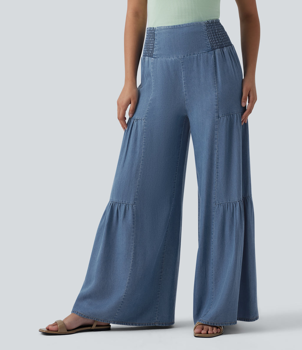 High Waisted Shirred Tie-back Draped Casual Lyocell Baggy Wide Leg Jeans — Tide Blue Denim — view 1