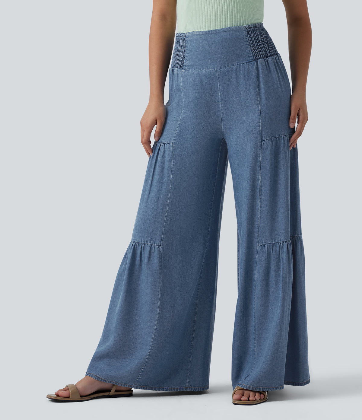 High Waisted Shirred Tie-back Draped Casual Lyocell Baggy Wide Leg Jeans — Tide Blue Denim — view 1