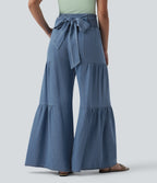 High Waisted Shirred Tie-back Draped Casual Lyocell Baggy Wide Leg Jeans — Tide Blue Denim — view 2