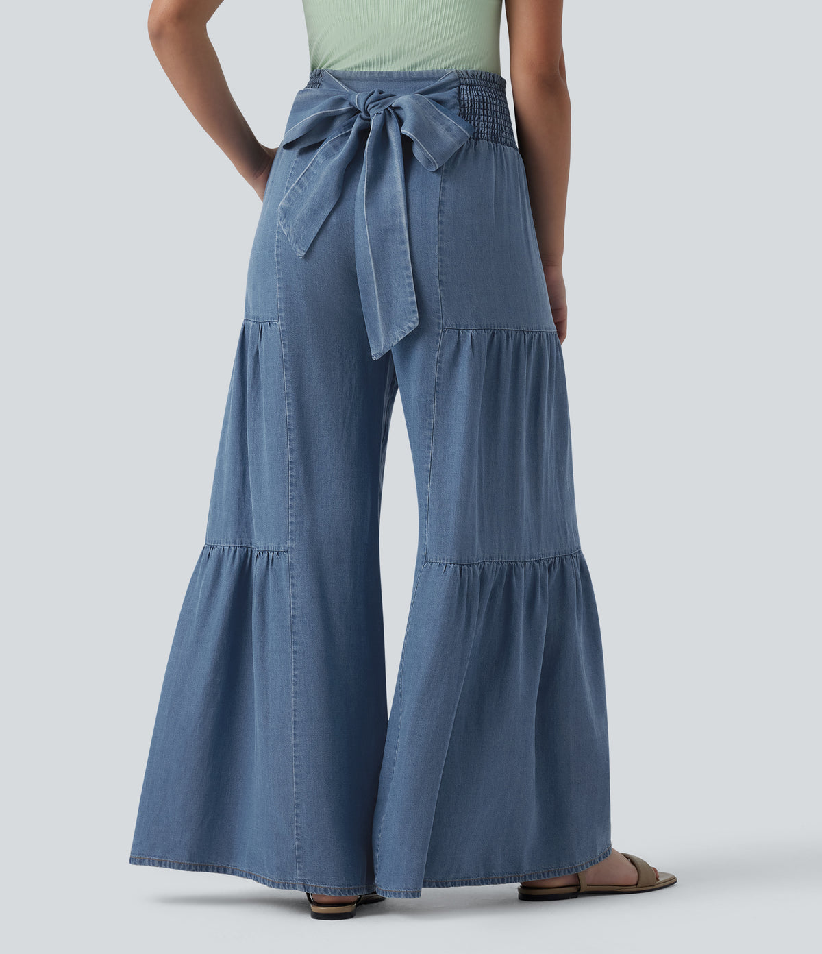 High Waisted Shirred Tie-back Draped Casual Lyocell Baggy Wide Leg Jeans — Tide Blue Denim — view 2