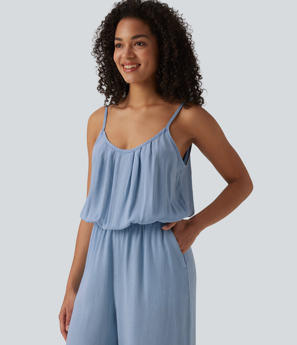 Wide Leg Denim Casual Slip Jumpsuit with Pockets — Baltic Sea Blue Denim — view 5