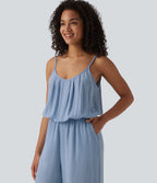 Wide Leg Denim Casual Slip Jumpsuit with Pockets — Baltic Sea Blue Denim — view 5