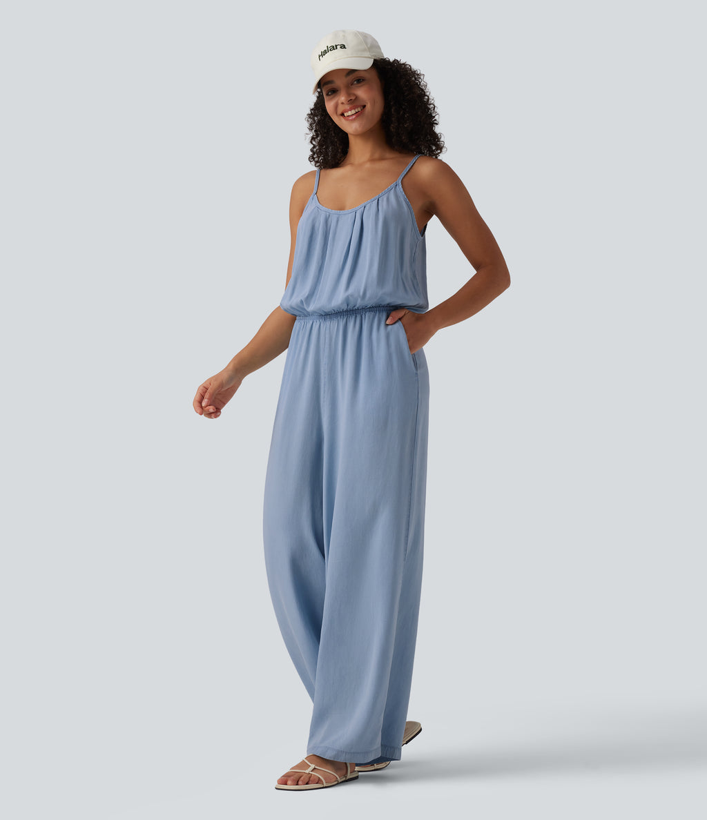 Wide Leg Denim Casual Slip Jumpsuit with Pockets — Baltic Sea Blue Denim — view 6