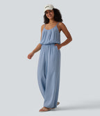 Wide Leg Denim Casual Slip Jumpsuit with Pockets — Baltic Sea Blue Denim — view 6