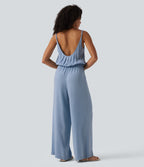 Wide Leg Denim Casual Slip Jumpsuit with Pockets — Baltic Sea Blue Denim — view 2