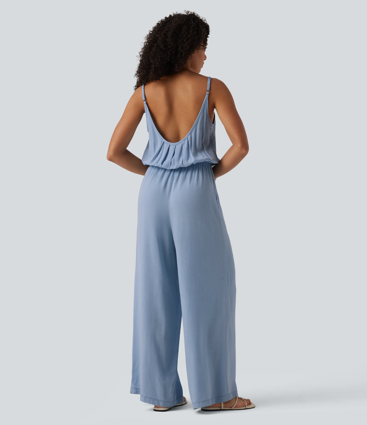 Wide Leg Denim Casual Slip Jumpsuit with Pockets — Baltic Sea Blue Denim — view 2