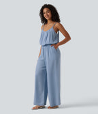 Wide Leg Denim Casual Slip Jumpsuit with Pockets — Baltic Sea Blue Denim — view 3