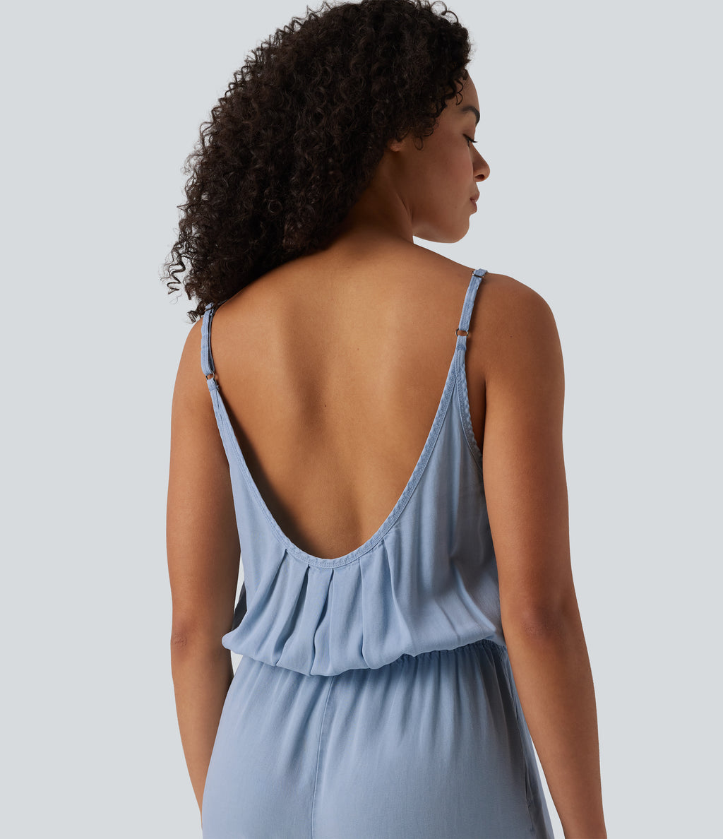 Wide Leg Denim Casual Slip Jumpsuit with Pockets — Baltic Sea Blue Denim — view 4