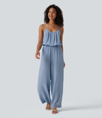 Wide Leg Denim Casual Slip Jumpsuit with Pockets — Baltic Sea Blue Denim — view 1