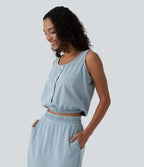 U Neck Denim Casual Tank Top — Malibu Blue Denim — view 3