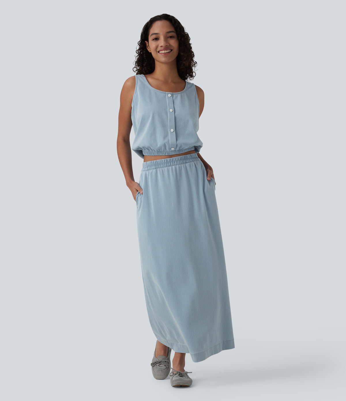 U Neck Denim Casual Tank Top — Malibu Blue Denim — view 5