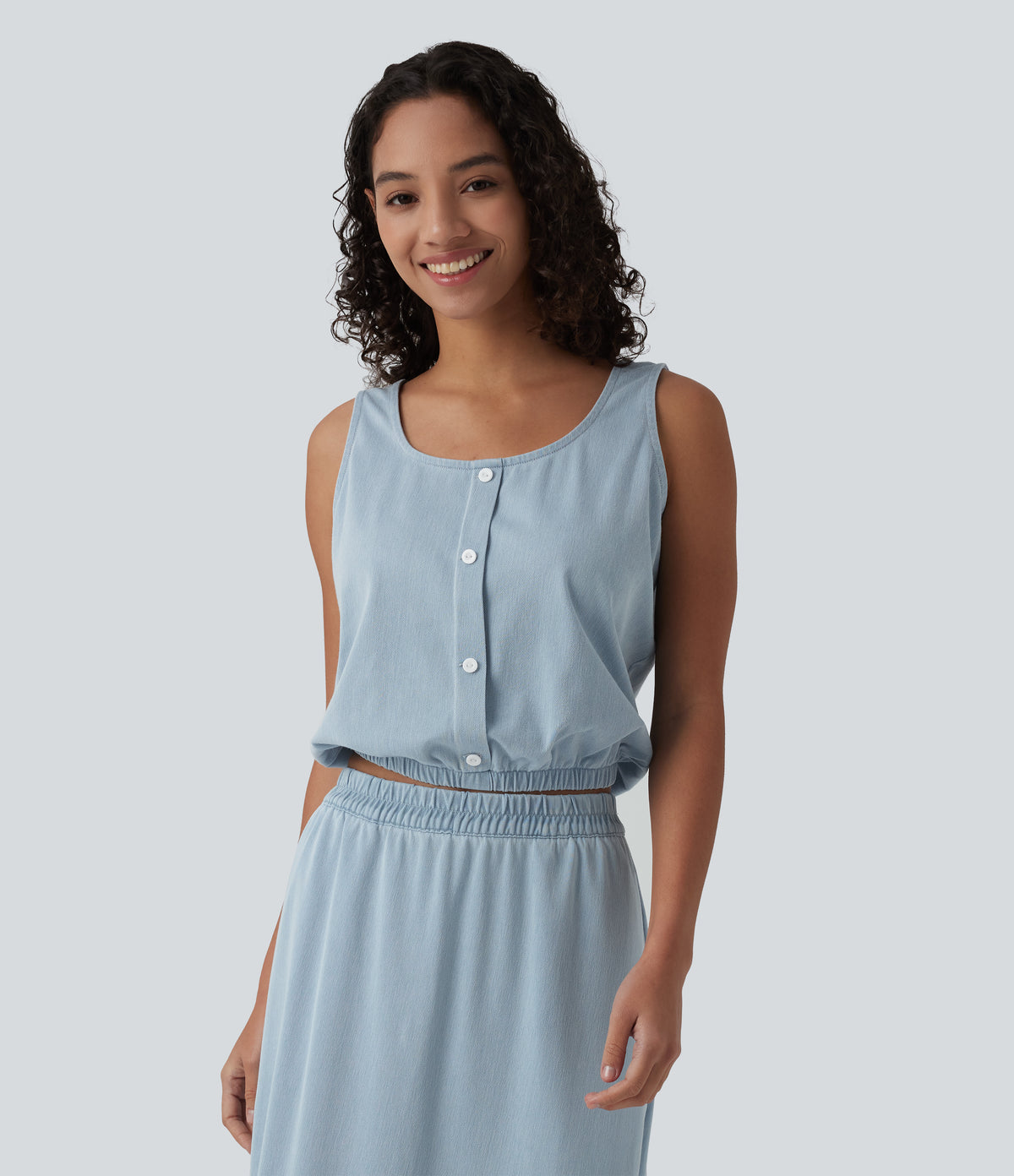 U Neck Denim Casual Tank Top — Malibu Blue Denim — view 4