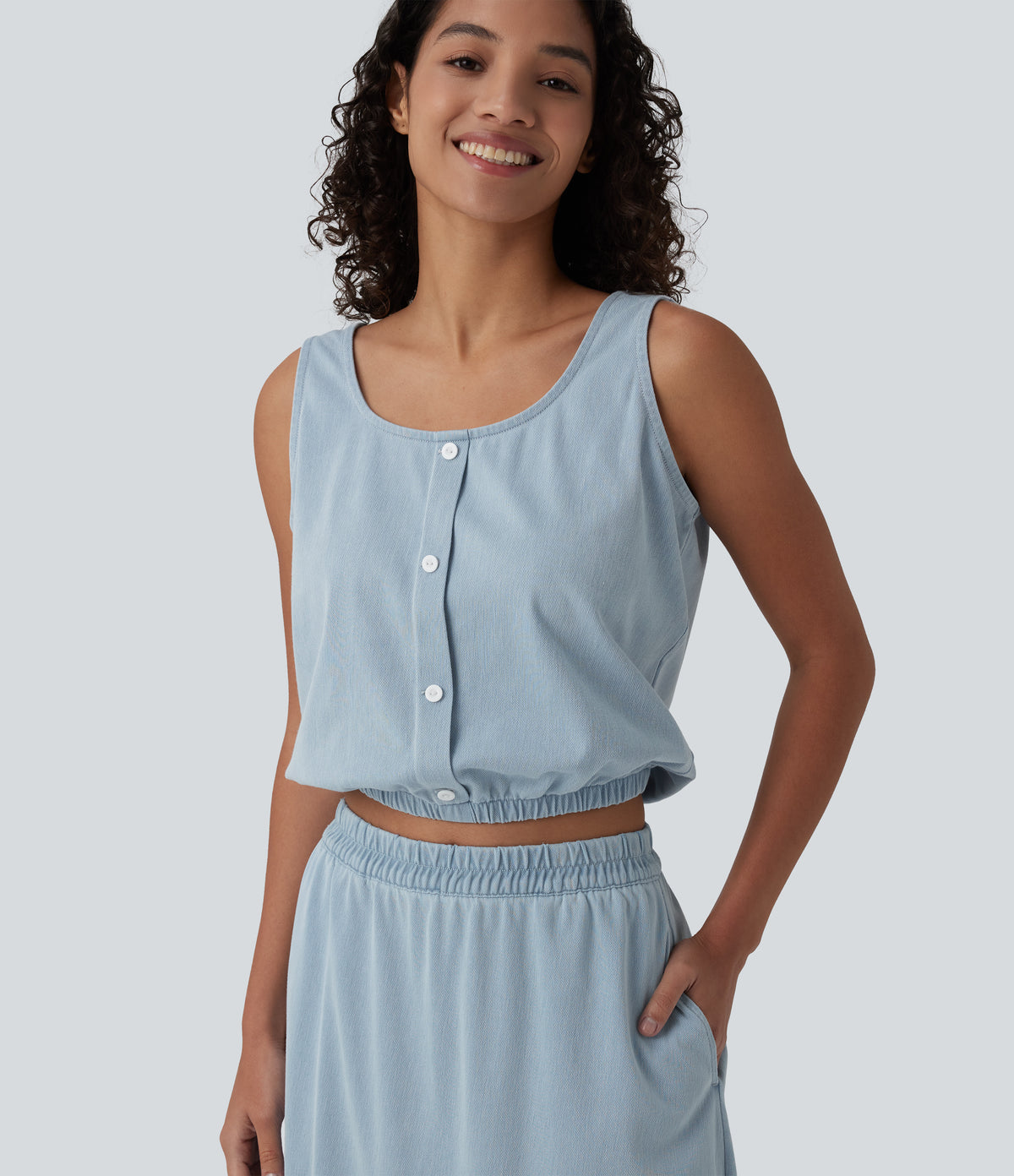U Neck Denim Casual Tank Top — Malibu Blue Denim — view 1