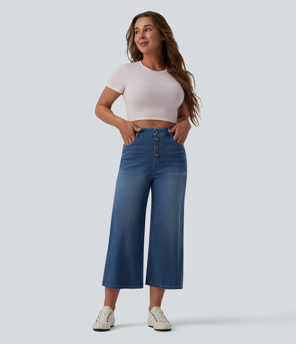 High Waisted Draped Lyocell Cropped Casual Wide Leg Jeans with Pockets — Blue Jasper Denim — view 6