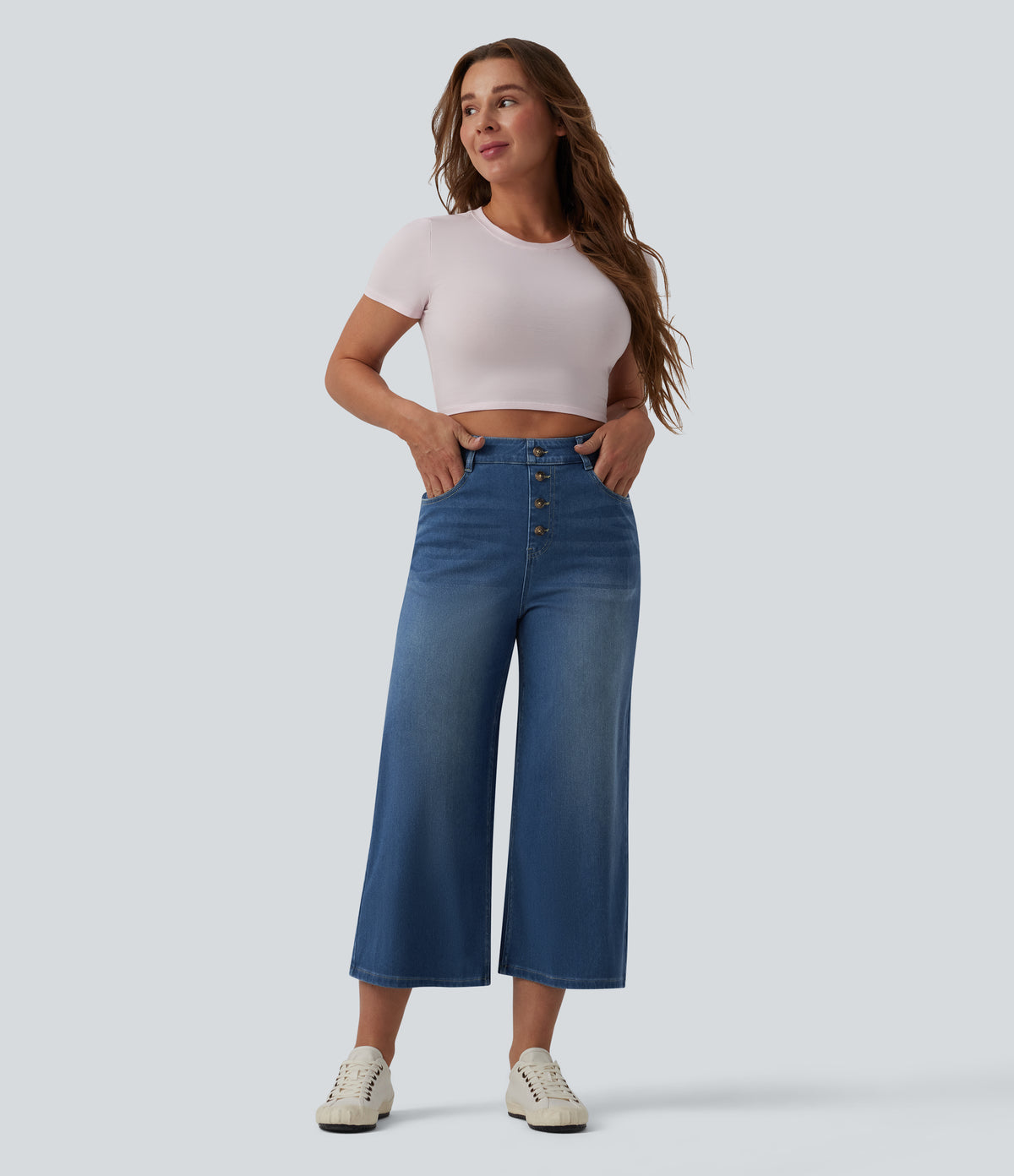 High Waisted Draped Lyocell Cropped Casual Wide Leg Jeans with Pockets — Blue Jasper Denim — view 6