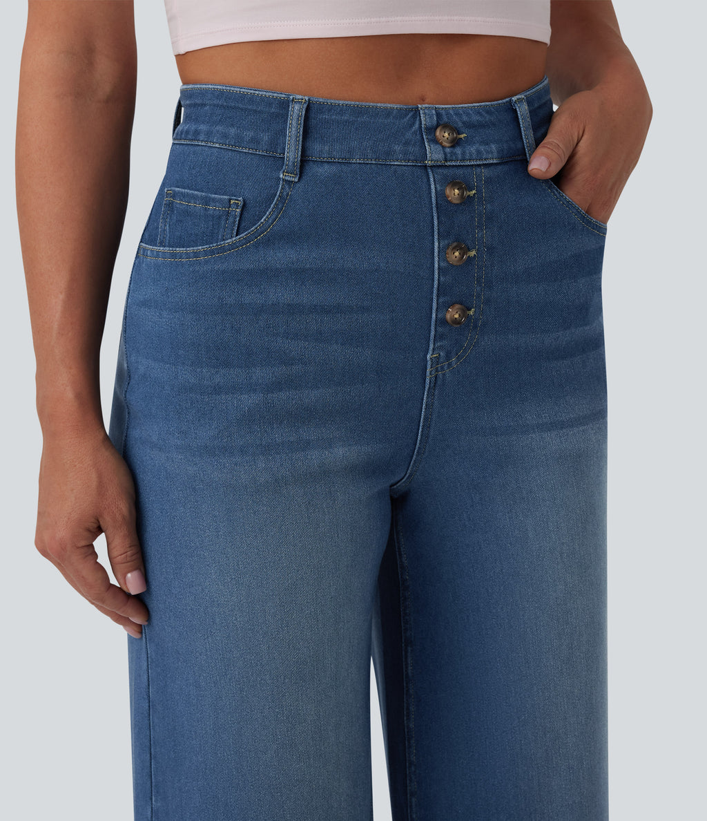 High Waisted Draped Lyocell Cropped Casual Wide Leg Jeans with Pockets — Blue Jasper Denim — view 4