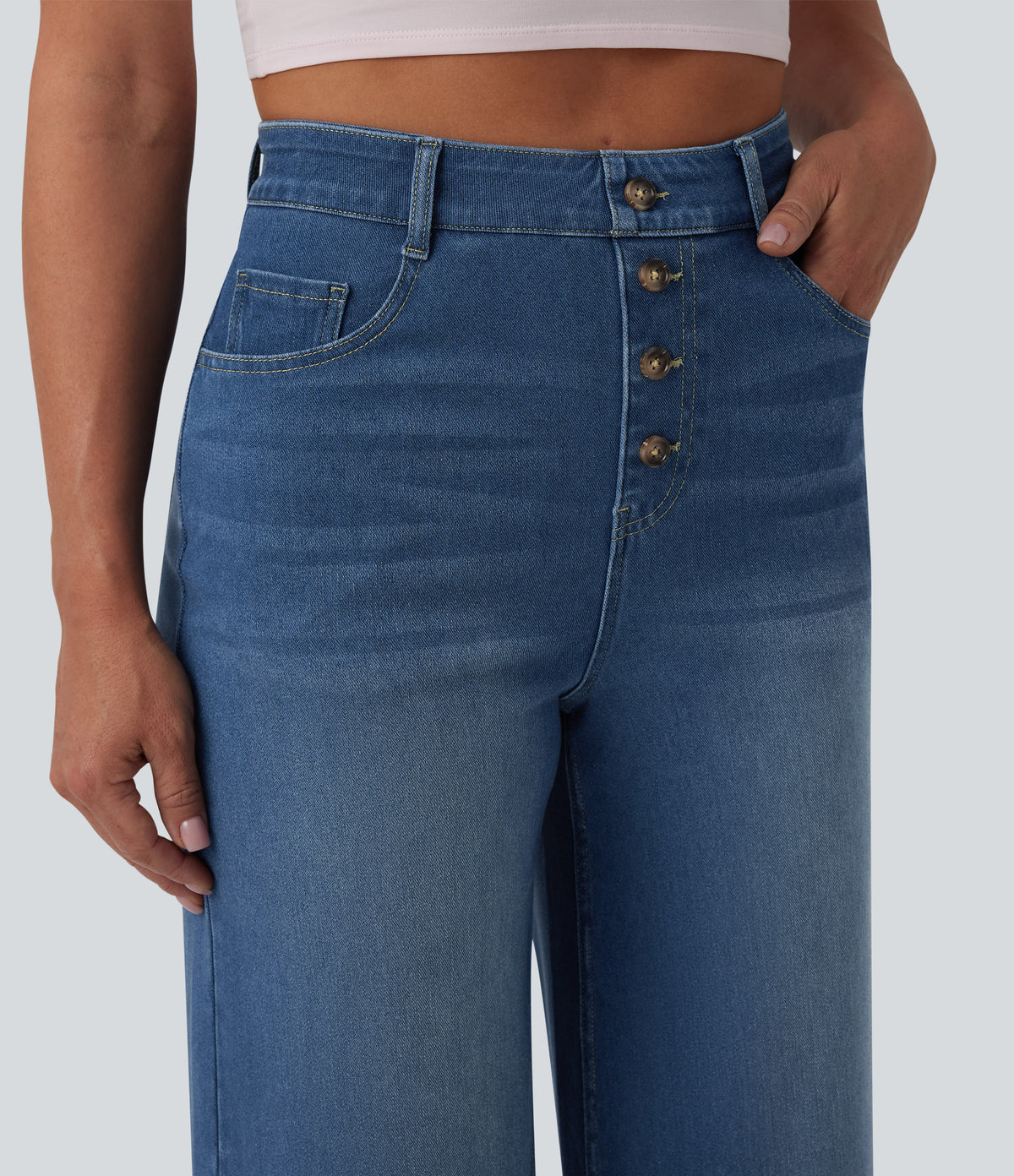 High Waisted Draped Lyocell Cropped Casual Wide Leg Jeans with Pockets — Blue Jasper Denim — view 4