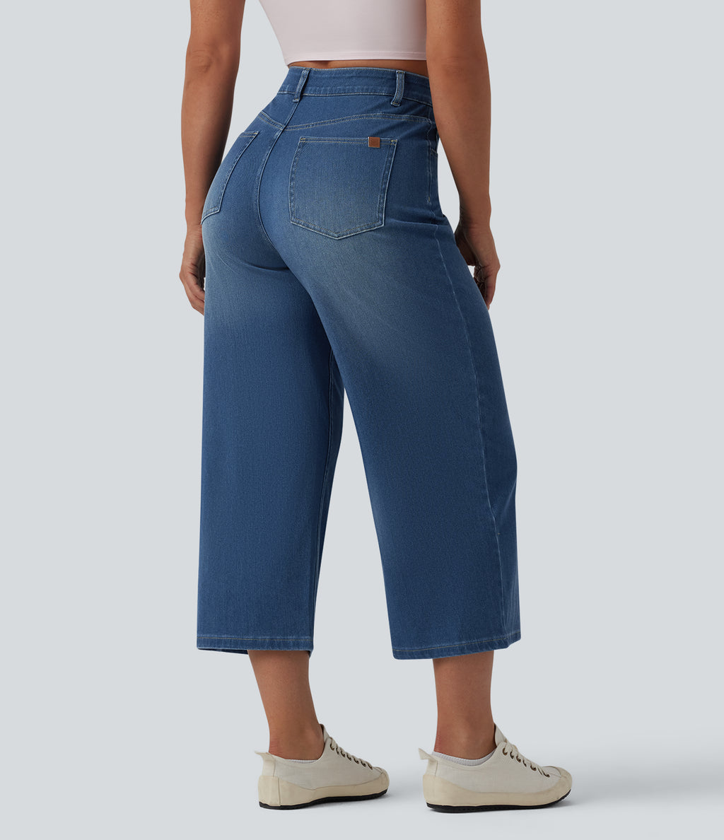 High Waisted Draped Lyocell Cropped Casual Wide Leg Jeans with Pockets — Blue Jasper Denim — view 2