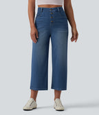 High Waisted Draped Lyocell Cropped Casual Wide Leg Jeans with Pockets — Blue Jasper Denim — view 3