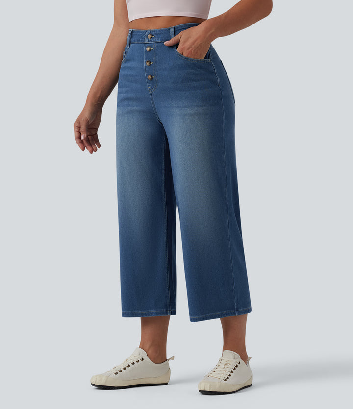 High Waisted Draped Lyocell Cropped Casual Wide Leg Jeans with Pockets — Blue Jasper Denim — view 1