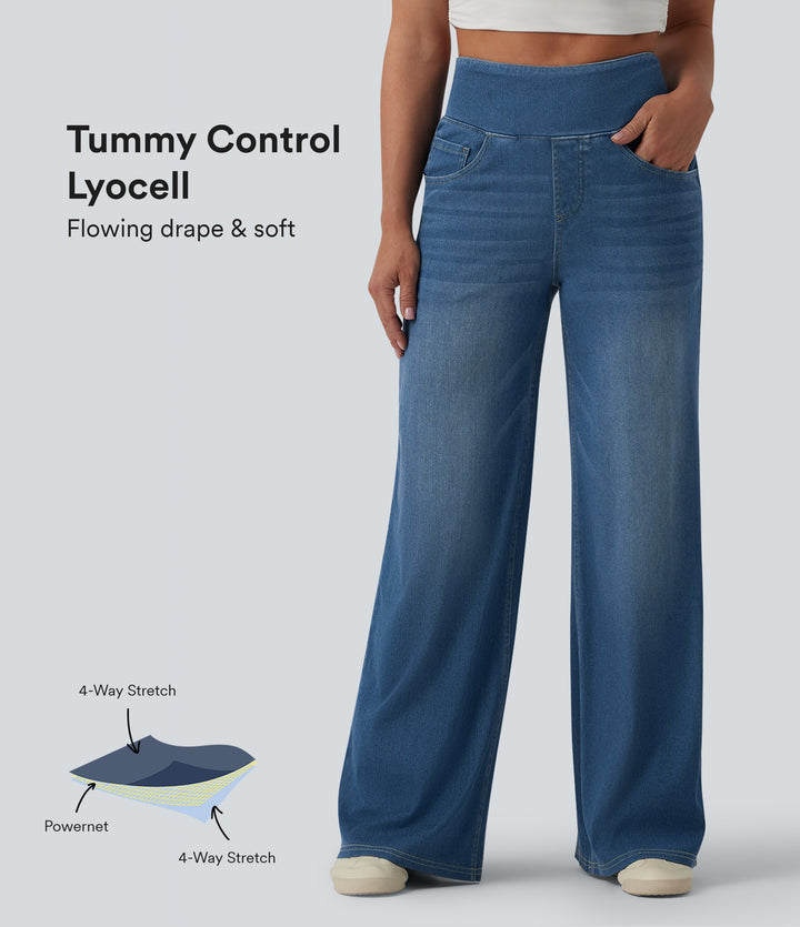 High Waisted Tummy Control Wide Leg Draped Lyocell Washed Casual Jeans with Pockets — Blue Jasper Denim — view 1