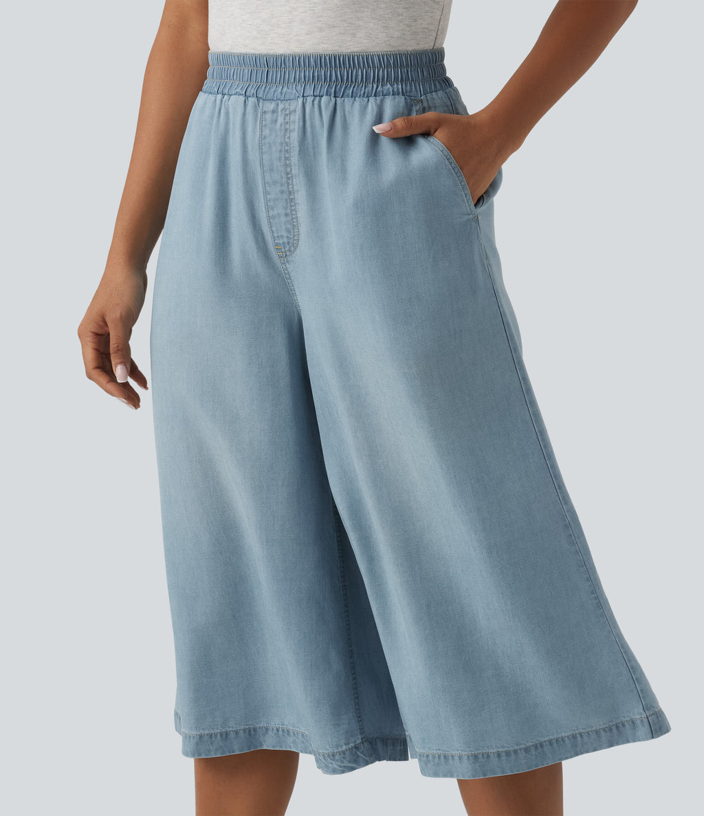 High Waisted Casual Lyocell Wide Leg Capri Jeans with Pockets — Malibu Blue Denim — view 1