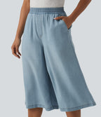High Waisted Casual Lyocell Wide Leg Capri Jeans with Pockets — Malibu Blue Denim — view 1