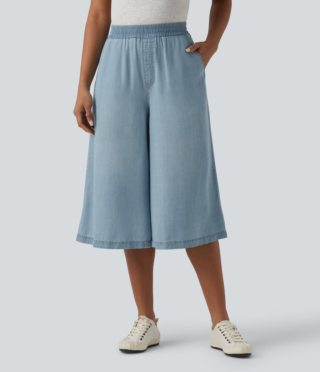 High Waisted Casual Lyocell Wide Leg Capri Jeans with Pockets — Malibu Blue Denim — view 3