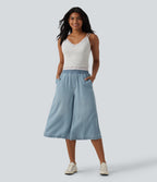 High Waisted Casual Lyocell Wide Leg Capri Jeans with Pockets — Malibu Blue Denim — view 5