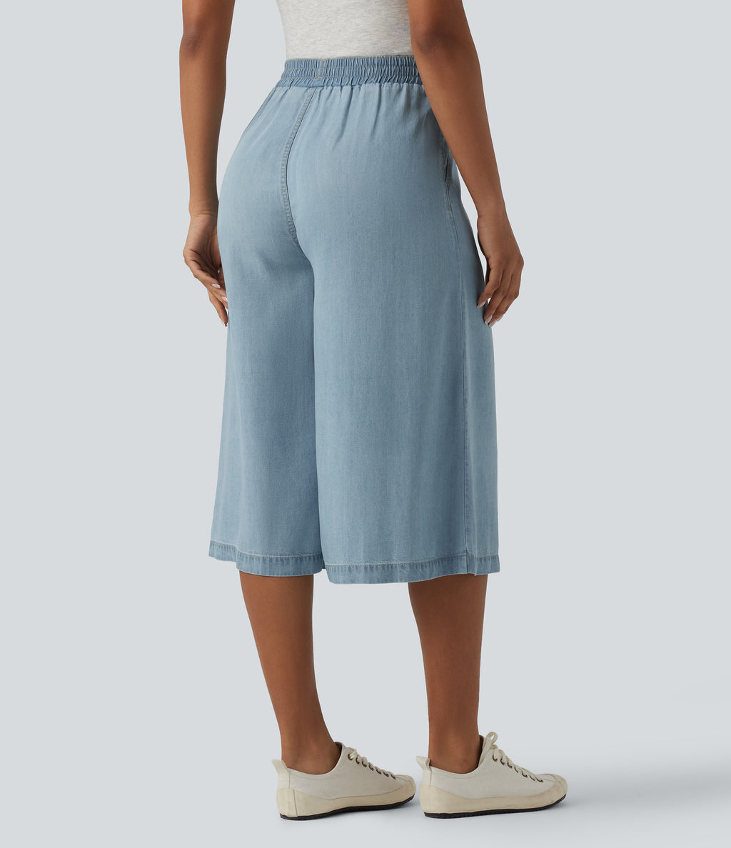 High Waisted Casual Lyocell Wide Leg Capri Jeans with Pockets — Malibu Blue Denim — view 2