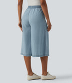 High Waisted Casual Lyocell Wide Leg Capri Jeans with Pockets — Malibu Blue Denim — view 2