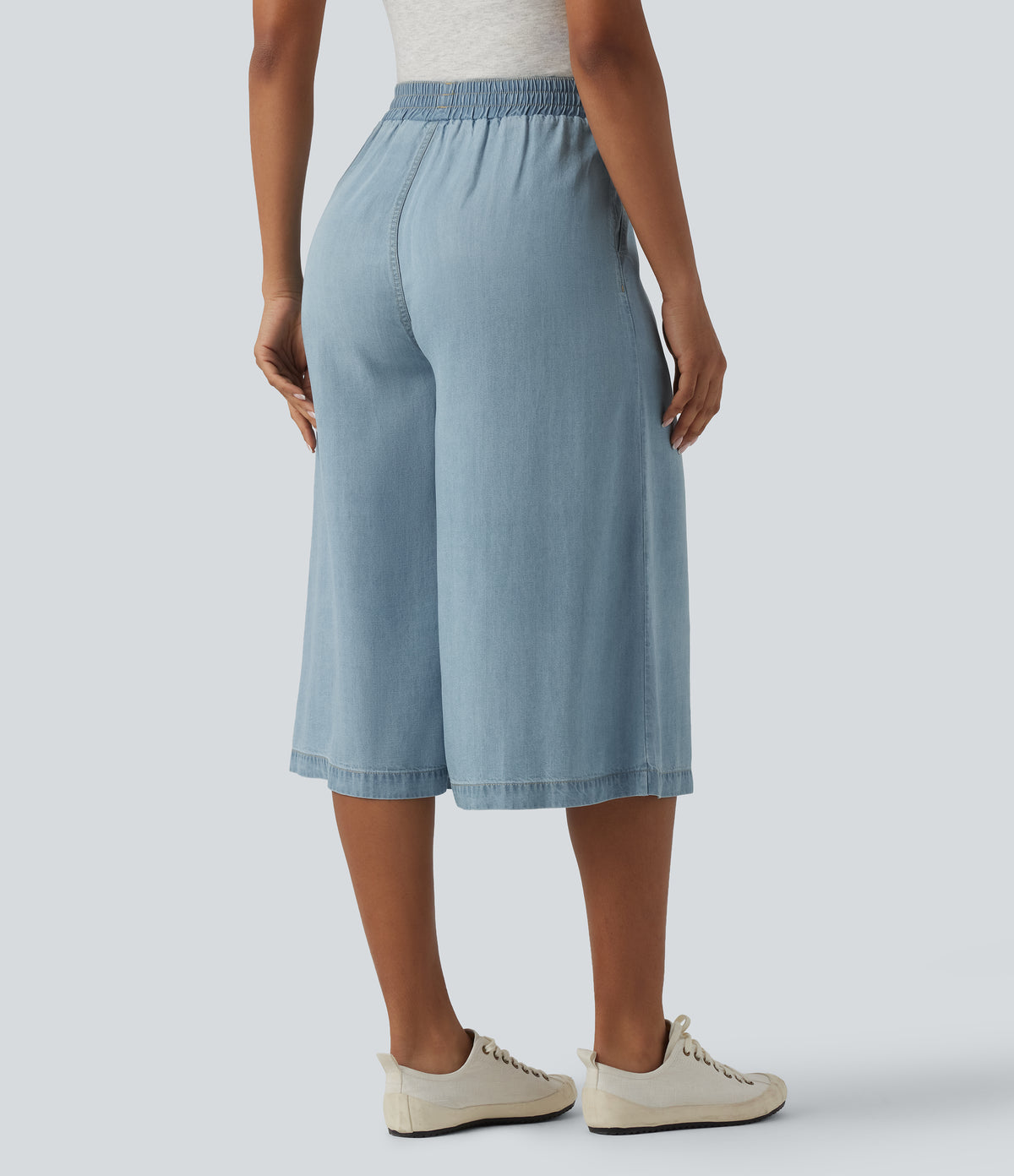 High Waisted Casual Lyocell Wide Leg Capri Jeans with Pockets — Malibu Blue Denim — view 2