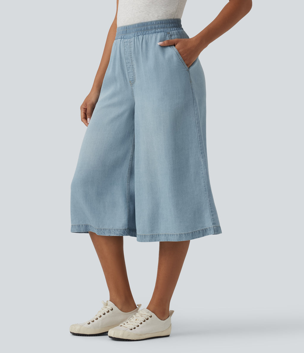 High Waisted Casual Lyocell Wide Leg Capri Jeans with Pockets — Malibu Blue Denim — view 4