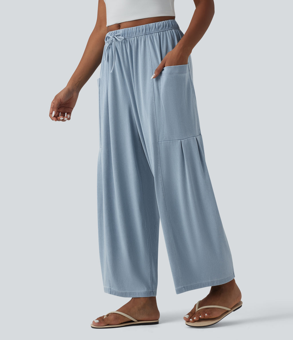 Mid Rise Drawstring Wide Leg Draped Lyocell Casual Jeans with Pockets — Malibu Blue Denim — view 3