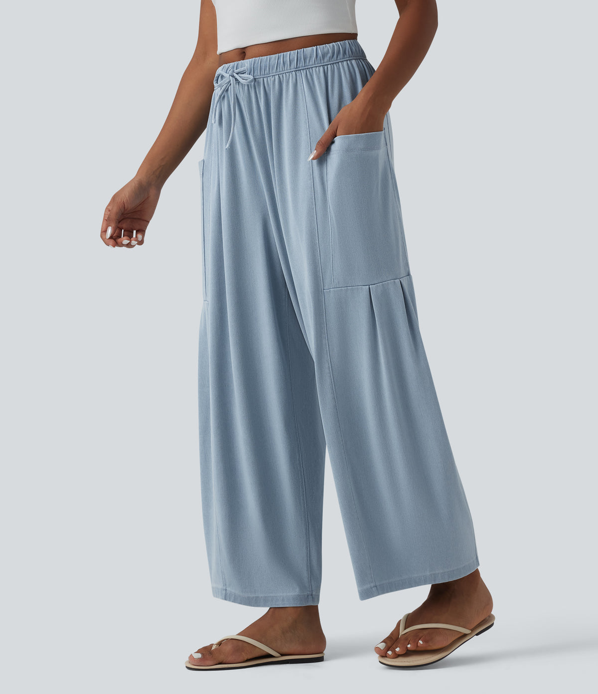 Mid Rise Drawstring Wide Leg Draped Lyocell Casual Jeans with Pockets — Malibu Blue Denim — view 3