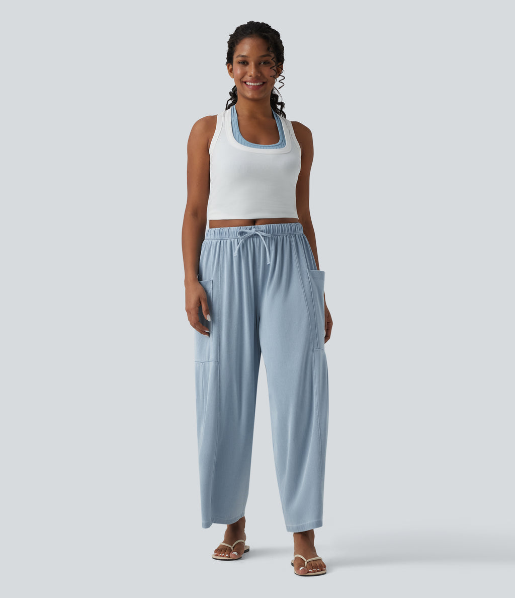 Mid Rise Drawstring Wide Leg Draped Lyocell Casual Jeans with Pockets — Malibu Blue Denim — view 6
